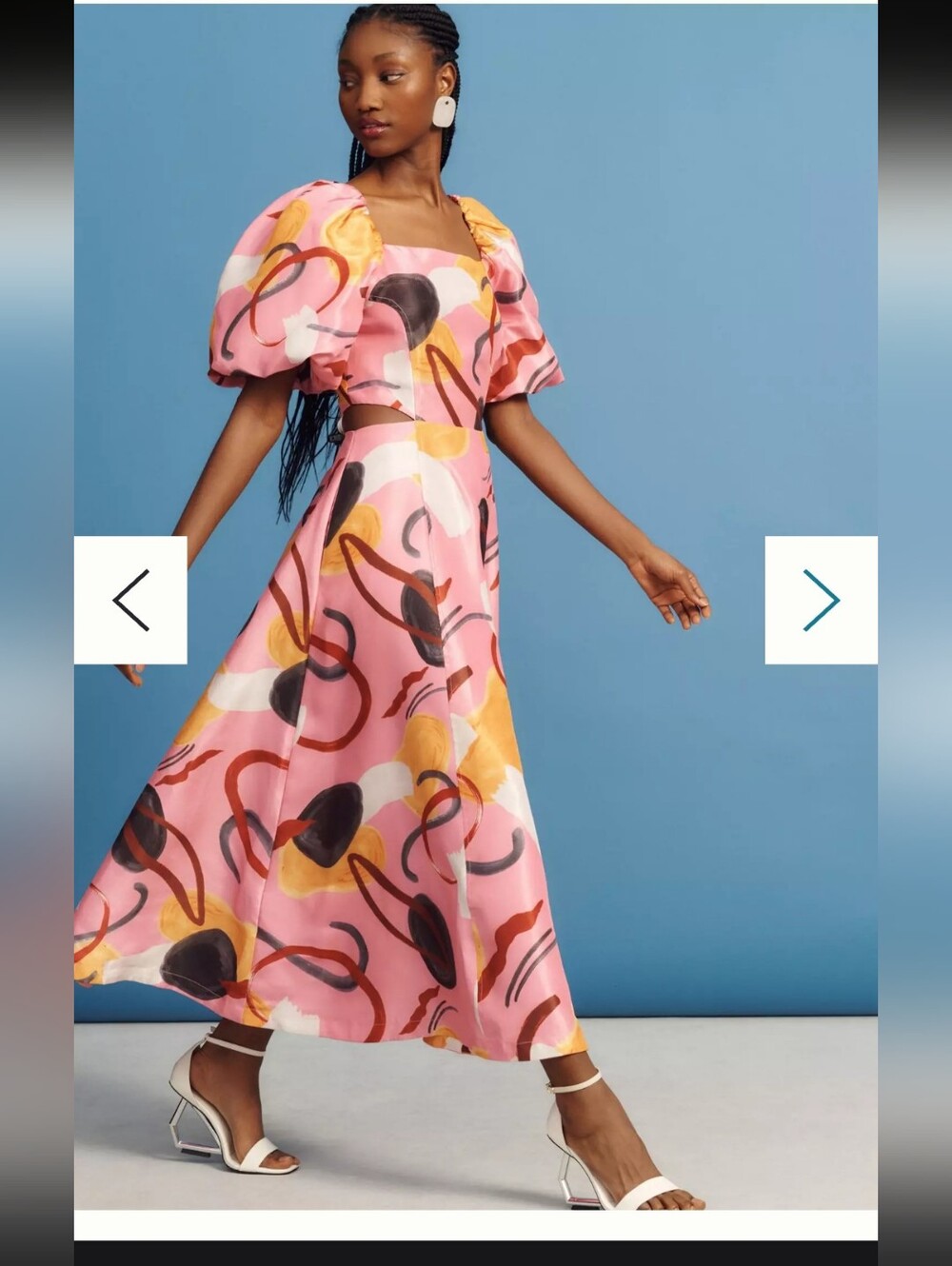 Aureta. Pink Abstract Puff-Sleeve Midi Dress